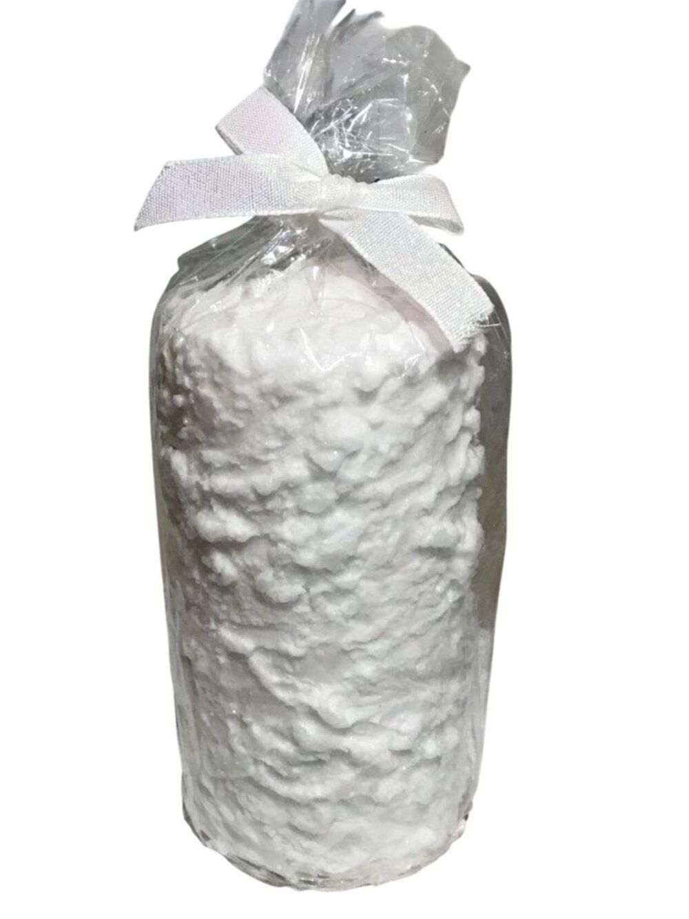 Snow Textured Pillar Candle Glitter Finish White Ribbon Wrap 6" Winter Christmas